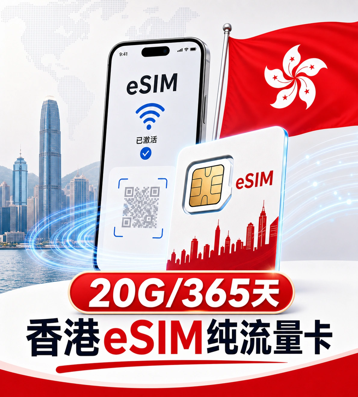 🇭🇰eSIM纯流量卡｜香港原生IP｜20G/365天｜可续流量｜直接给eSIM二维码